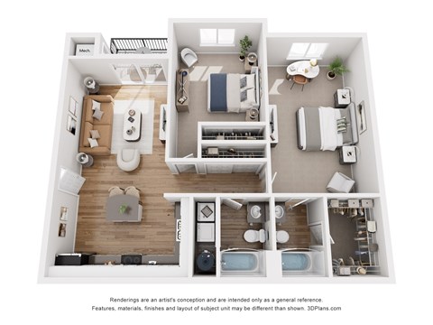 Floor plan for 2 beds, 2 baths, 1125 sqft